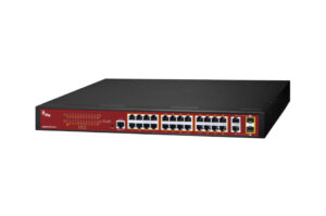 Ein Netzwerk-Switch mit mehreren Ethernet-Ports und einem roten Bedienfeld mit Statusanzeigen.