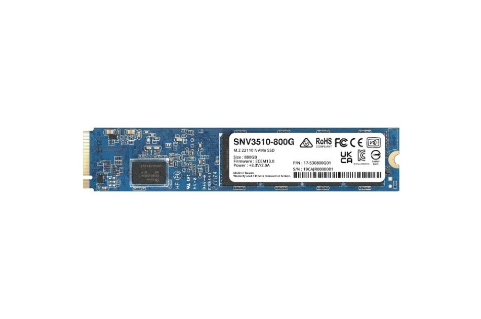 Blauer M.2 NVMe SSD mit Aufkleber, der Modell SNV3510-800G und Spezifikationen zeigt.