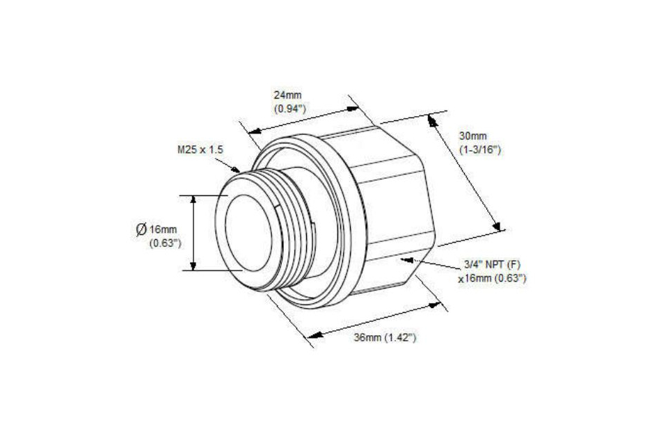 Technische Zeichnung einer Gewindeverbindung mit Maßen in Millimeter und Zollangaben, inklusive M25 x 1,5 und 3/4" NPT.