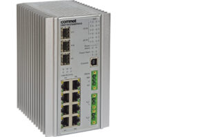 Industrieller Ethernet-Switch mit mehreren Netzwerkanschlüssen und LED-Anzeigen.