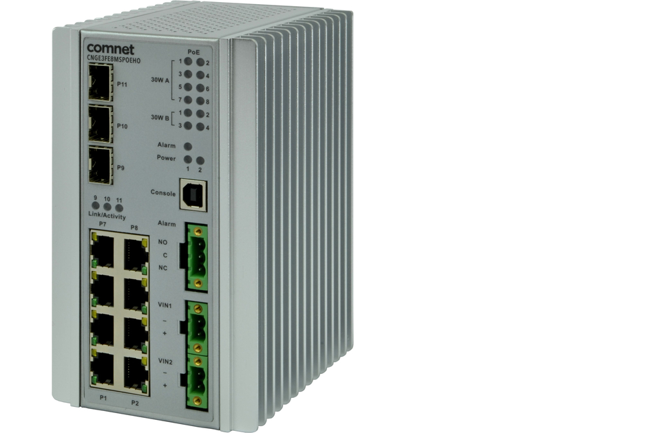 Netzwerk-Switch mit mehreren Ethernet-Anschlüssen und Status-LEDs, grünen Anschlussklemmen an der Seite.