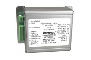 Elektronisches Gerät mit mehreren Anschlussmöglichkeiten und Beschriftungen für die Anschlüsse und Statusanzeigen.