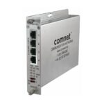 Silbernes Netzwerkgerät von ComNet mit mehreren Ethernet-Ports und Kommunikationsinformationen auf der Vorderseite.