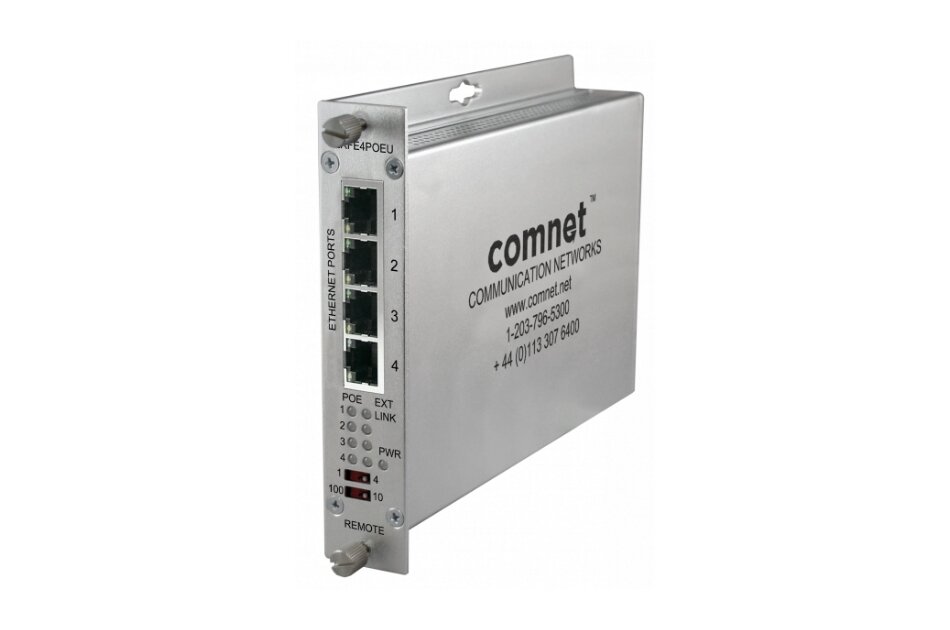 Silbernes Netzwerkgerät von ComNet mit mehreren Ethernet-Ports und Kommunikationsinformationen auf der Vorderseite.
