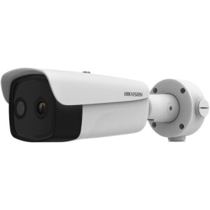 Überwachungskamera von Hikvision mit schlankem weißem Gehäuse und zwei Linsen, an einer Montagehalterung befestigt.