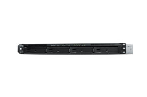 Ein schwarzer 1U-Rackmount-Server mit vier Einschüben vorne und mehreren LED-Anzeigen.
