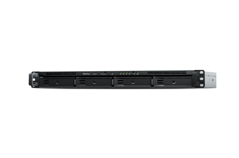 Ein schwarzer 1U-Rackmount-Server mit vier Einschüben vorne und mehreren LED-Anzeigen.
