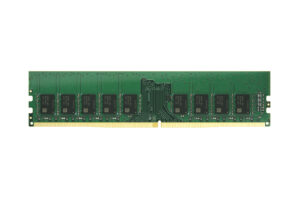 Grüner RAM-Speicherriegel mit mehreren schwarzen Speicherchips und goldenen Kontakten auf der Unterseite.