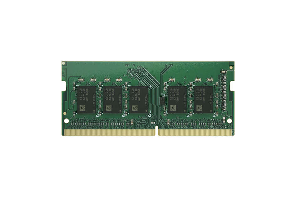 Eine grüne RAM-Speicherkarte mit mehreren schwarzen Speichermodulen und goldenen Kontakten.