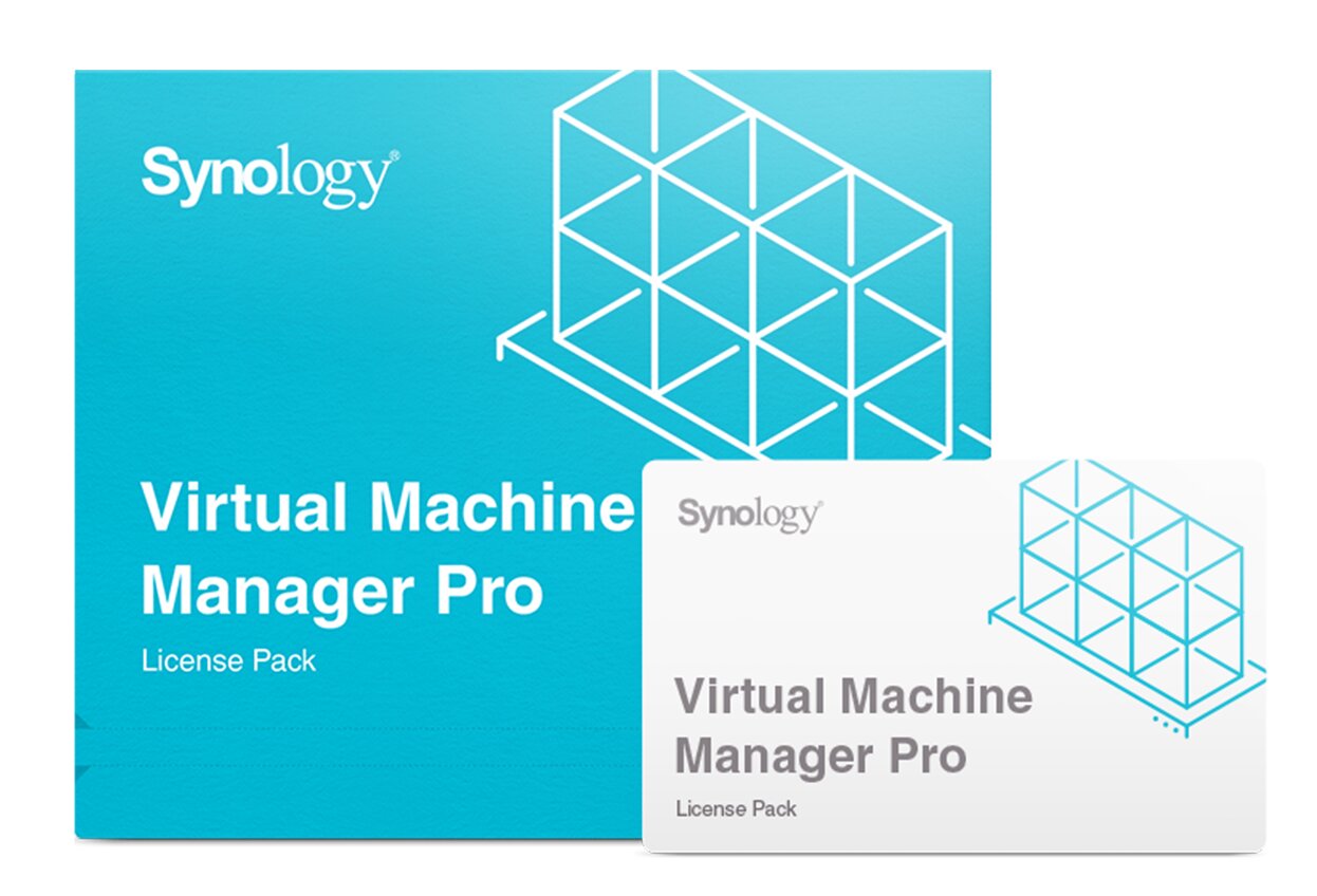 Verpackung und Karte eines Virtual Machine Manager Pro Lizenzpakets von Synology.