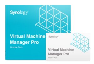 Synology Virtual Machine Manager Pro Lizenzpaket mit grafischem Gitterdesign auf der Verpackung.