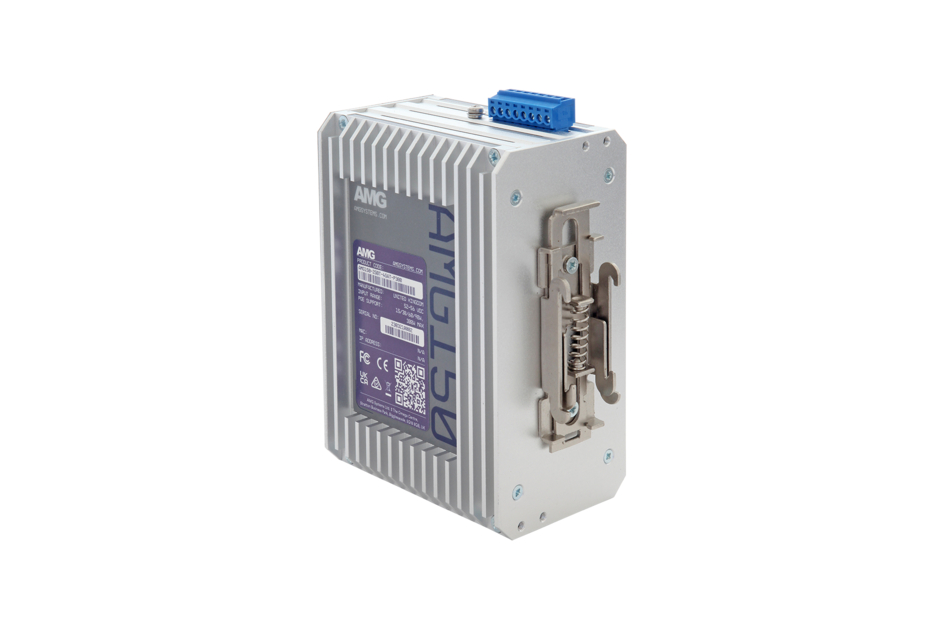 Rechteckiges elektronisches Gerät mit sichtbaren Kühlrippen und Anschlussklemmen, seitlich Aufkleber mit technischen Daten.