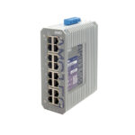 Industrieller Netzwerkschalter von AMG mit sechs Ethernet-Ports und grauem Gehäuse.