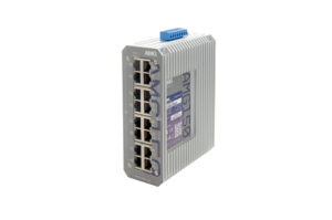 Industrieller Netzwerkschalter von AMG mit sechs Ethernet-Ports und grauem Gehäuse.