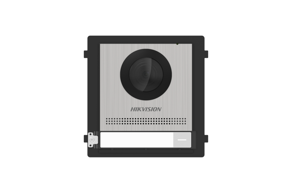 Video-Türsprechanlage der Marke Hikvision mit Kamera, Mikrofon und Lautsprecher in einem rechteckigen, modernen Design.