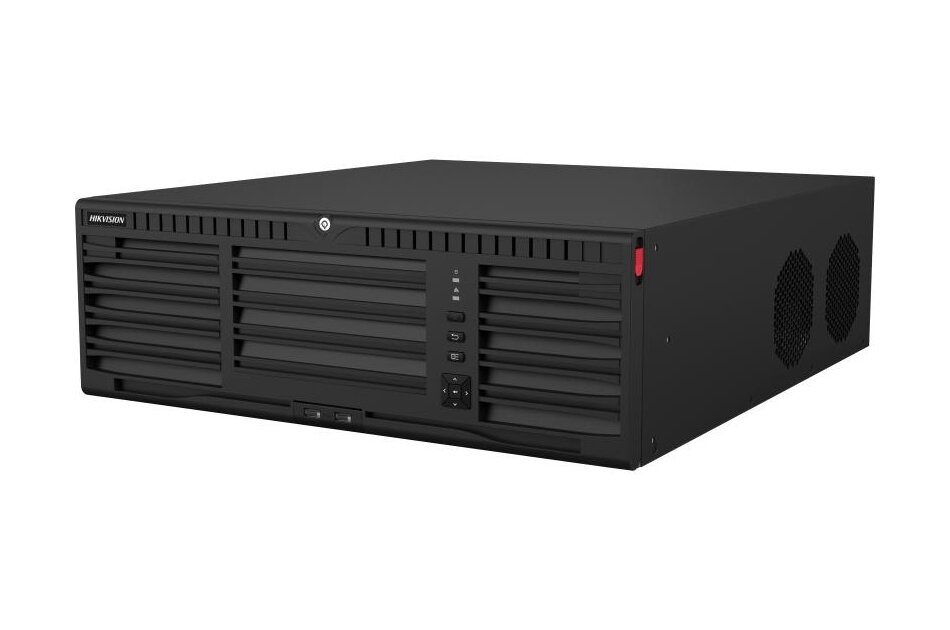 Ein schwarzer Server mit Lüftungsschlitzen und mehreren Anschlüssen an der Vorderseite.