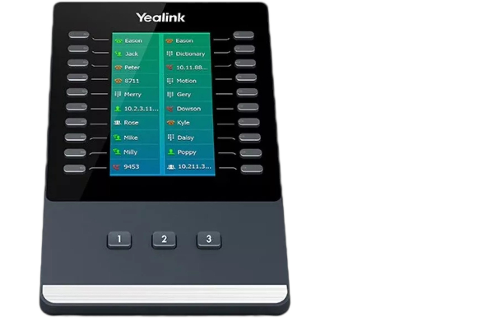 Ein Telefon-Addon von Yealink mit mehreren Tasten und einem Display, das Kontaktnamen und Nummern anzeigt.