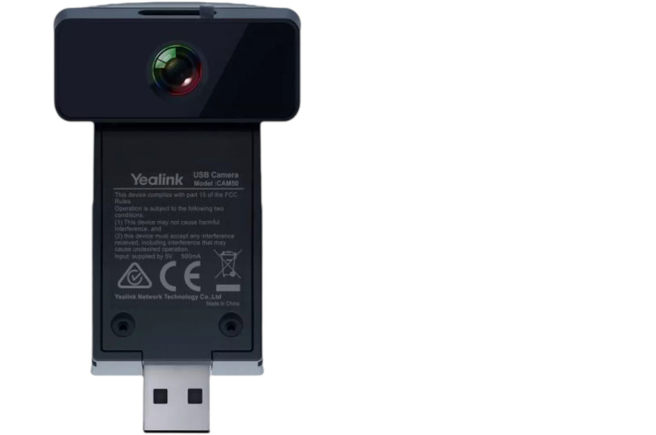 Rückseite einer Yealink USB-Webcam mit CE-Kennzeichnung und USB-Stecker.