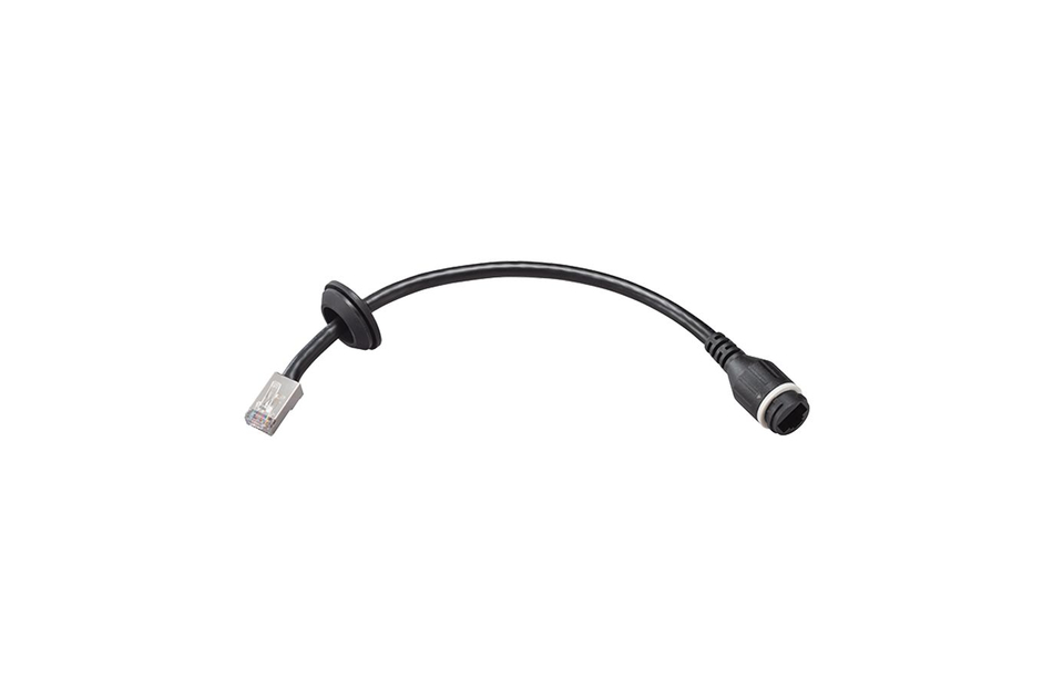 Schwarzes Ethernet-Kabel mit RJ45-Stecker auf der einen Seite und einer runden Anschlussbuchse auf der anderen Seite.