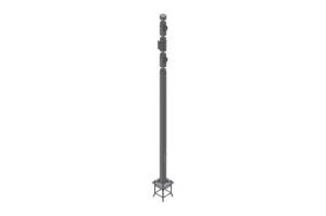 Ein grauer Mobilfunkmast mit mehreren Antennen, montiert auf einem Metallgestell.