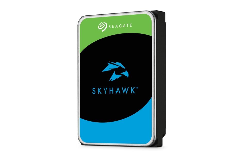 Seagate SkyHawk-Festplatte mit farbigem Logo und schwarzem Mittelteil, im Hochformat dargestellt.