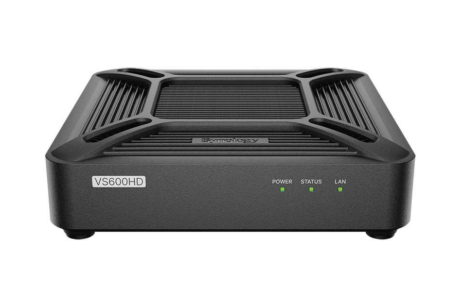 Schwarzes Synology VS600HD-Gerät mit LED-Anzeigen für Power, Status und LAN auf der Vorderseite.