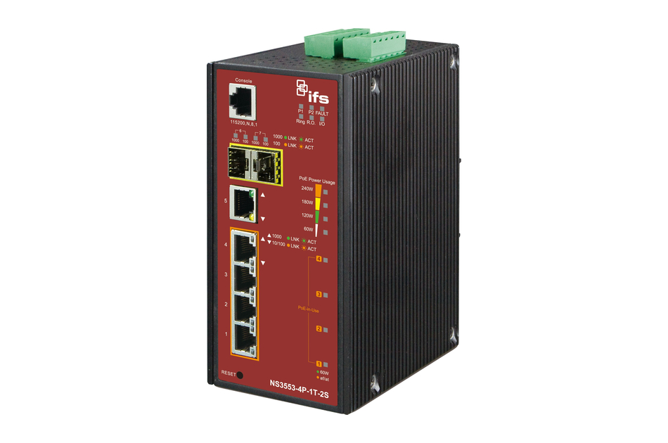 Industrieller PoE-Switch mit mehreren Ethernet-Ports und LEDs zur Statusanzeige in einem schwarzen Gehäuse mit roter Front.