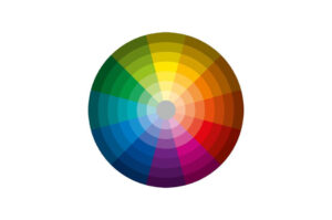 Farbrad mit Regenbogenfarben, von Rot über Gelb zu Blau, in konzentrischen Kreisen angeordnet.