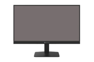 Ein schwarzer Computermonitor mit einem schmalen Rahmen und einem stabilen Standfuß auf weißem Hintergrund.