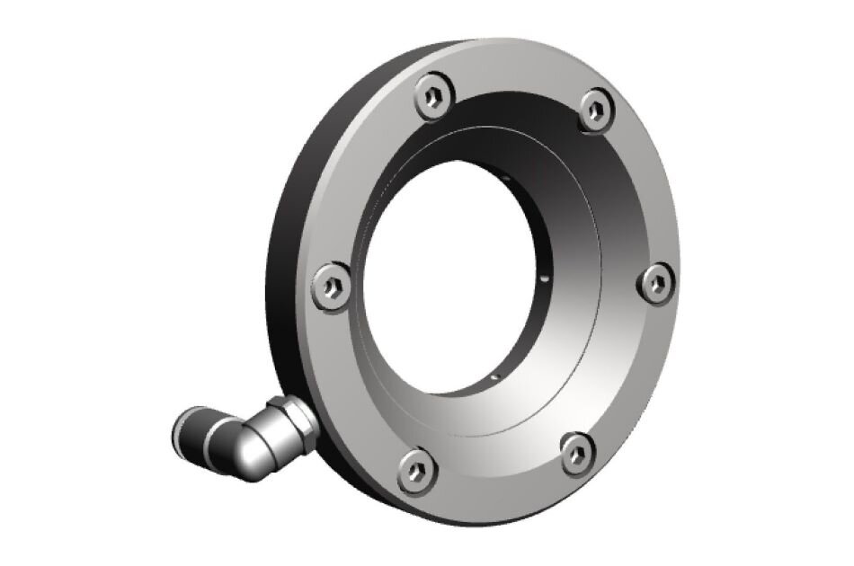 Ein rundes Maschinenteil mit Schrauben und einem seitlichen Anschluss.