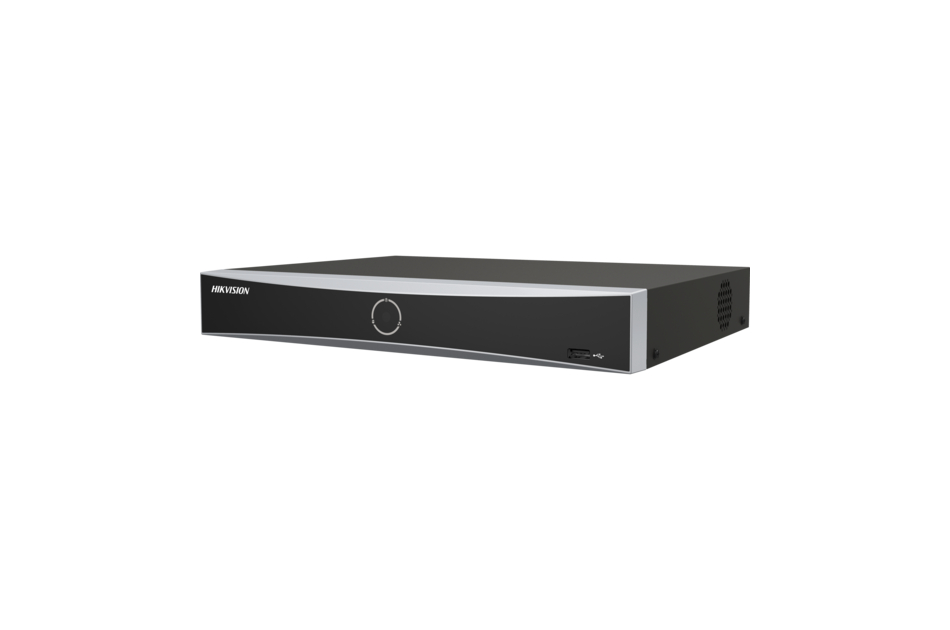 Schwarzer rechteckiger DVR-Recorder mit einem zentralen Bedienknopf und der Aufschrift "Hikvision" vorne.