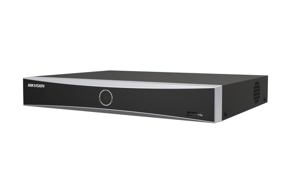 Schwarzer Rekorder von Hikvision mit silbernem Rand und USB-Anschluss an der Vorderseite.