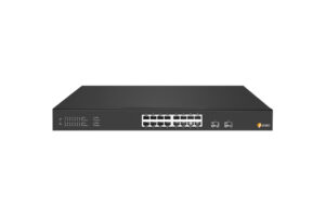 Ein schwarzer Netzwerk-Switch mit mehreren Ethernet-Ports und zwei zusätzlichen Schnittstellen.