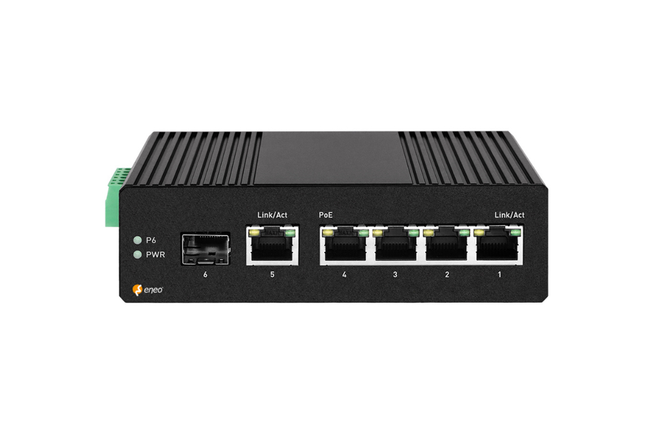 Ein schwarzer Netzwerk-Switch mit fünf Ethernet-Ports und einem Glasfaseranschluss.