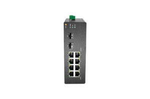 Ein schwarzer Netzwerk-Switch mit acht Ethernet-Ports und zwei Glasfaseranschlüssen.