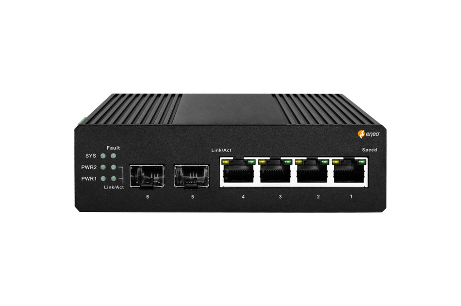 Ein Netzwerk-Switch mit vier Ethernet-Ports und zwei Glasfaseranschlüssen, LED-Anzeigen auf der linken Seite.