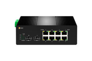 Netzwerk-Switch mit acht Ethernet-Ports und zwei SFP-Ports auf der Vorderseite.