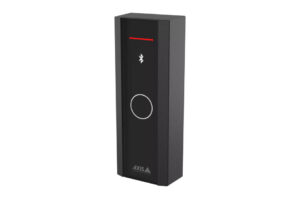 Schwarze, rechteckige Zugangskontrolleinheit mit Bluetooth-Symbol und rotem Lichtstreifen oben.