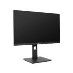 Ein schwarzer, moderner Computerbildschirm mit schmalem Rahmen auf einem stabilen Standfuß vor weißem Hintergrund.