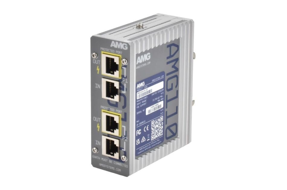 Elektronisches Gerät mit mehreren Ethernet-Anschlüssen und Beschriftung "AMG110".