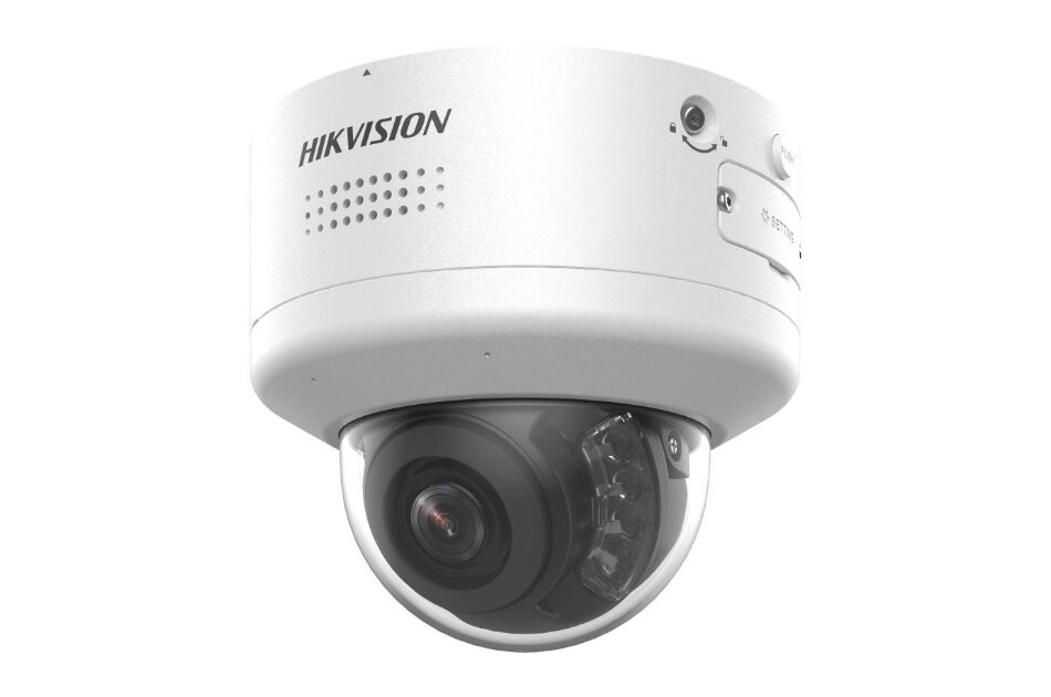 Überwachungskamera mit der Aufschrift "Hikvision", in weißem Gehäuse mit gewölbtem, transparentem Schutz.