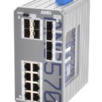 Metallisches elektronisches Gerät mit mehreren Ethernet-Anschlüssen und der Aufschrift "AMG570" auf der Seite.