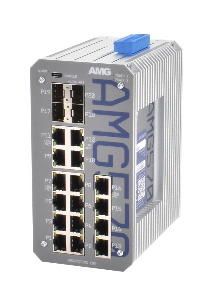 Industrie-Netzwerk-Switch mit 16 Ethernet-Ports und einem Aluminiumgehäuse.
