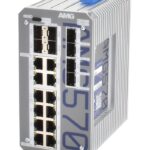 Industrieller Netzwerk-Switch von AMG mit mehreren Ethernet- und SFP-Ports in einem silbernen Gehäuse.