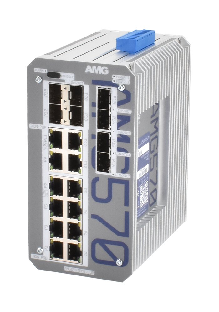 Industrieller Netzwerk-Switch von AMG mit mehreren Ethernet- und SFP-Ports in einem silbernen Gehäuse.