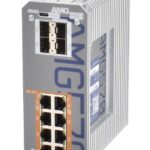 Industrie-Switch AMG570 mit mehreren Netzwerkanschlüssen und einem Lüftungsgitter an der Seite.