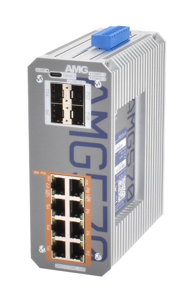 Industrie-Switch AMG570 mit mehreren Netzwerkanschlüssen und einem Lüftungsgitter an der Seite.