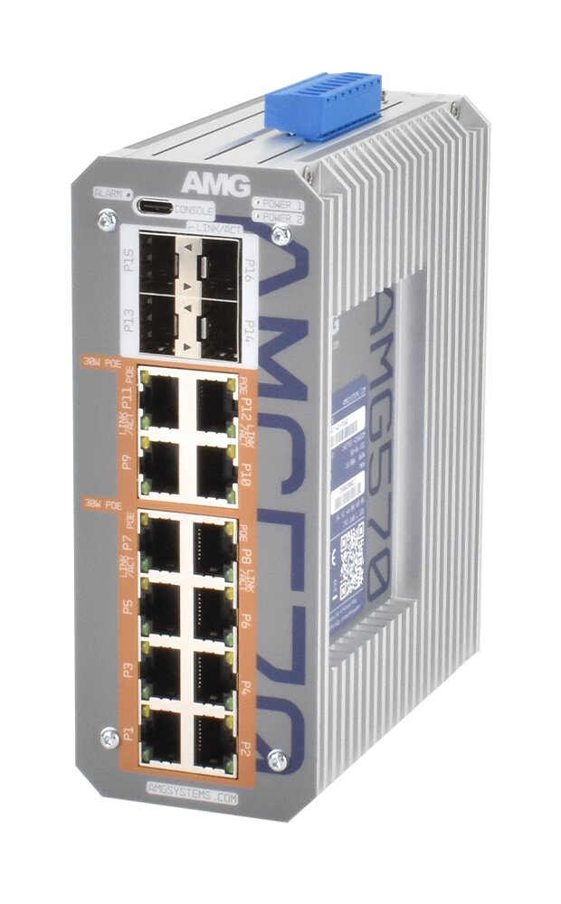 Industrieller Netzwerk-Switch mit mehreren Ethernet-Ports in einem robusten Metallgehäuse.