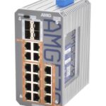 Netzwerkswitch mit mehreren Ethernet-Ports in einem silbernen Gehäuse, darauf das Logo "AMG".