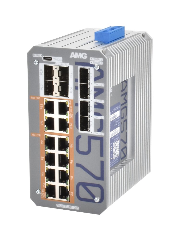 Industrieswitch mit mehreren Ethernet- und SFP-Ports, silbernes Gehäuse mit blauen Details, Modellnummer AMG570.